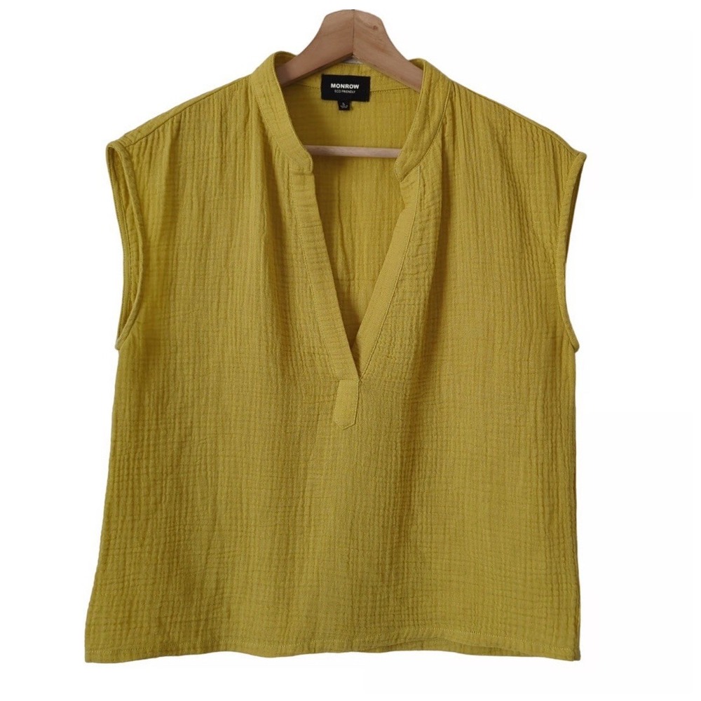 Monrow Womens‎ Cap Sleeve V Neck Boxy Gauze Small Top Yellow Cotton #GG8-3 - Picture 7 of 7